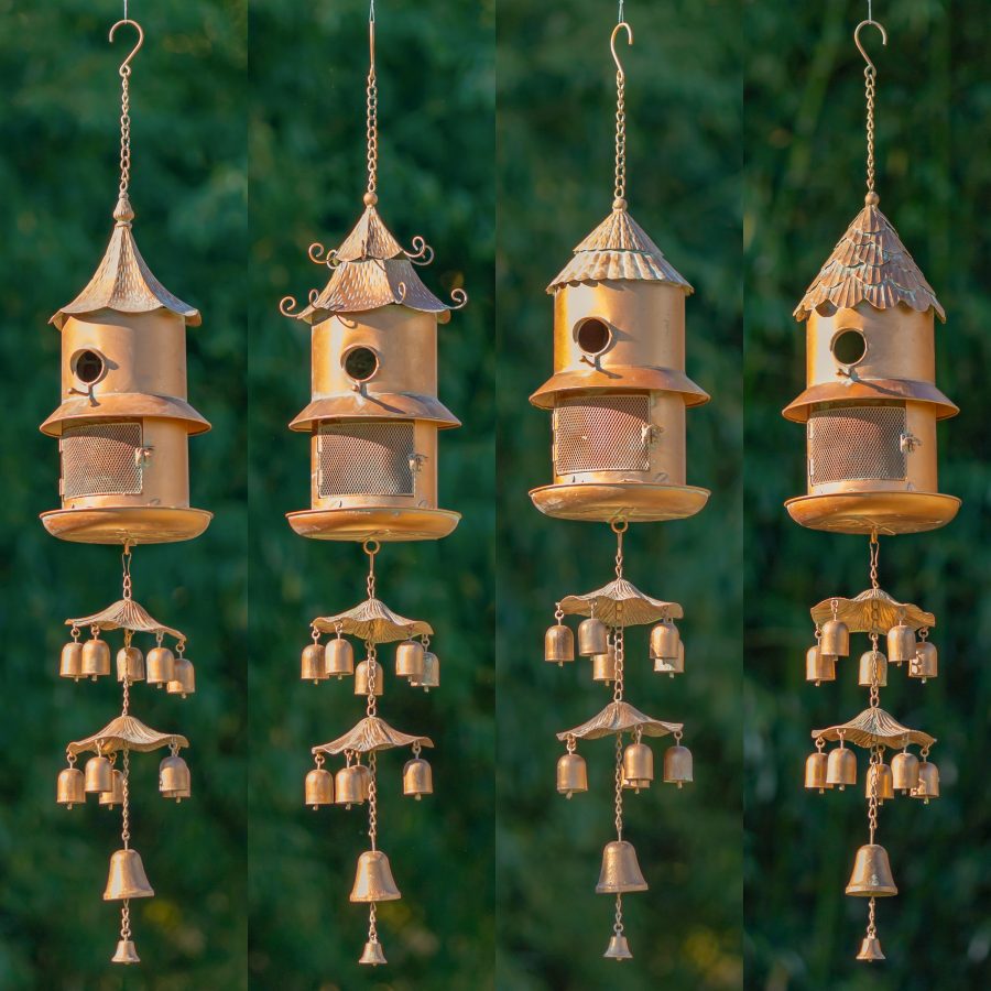 4 Assorted Hanging Birdhouse Feeder Chimes in Antique Copper "The Homestead Collection"