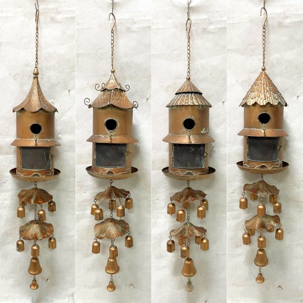 Set of 4 Hanging Birdhouse Feeder Chimes in Antique Copper, The Homestead Collection