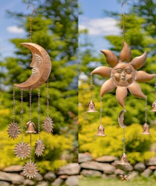 collage image of 2 iron wind chimes in sun and moon shape with dangling bells, painted in antique copper finish, hanging in garden