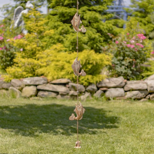 extra long iron rain chain featuring jumping fish and bell in antique copper finish