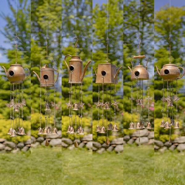 collage image of 6 assorted style hanging iron teapot birdhouses with wind chimes in antique copper finish