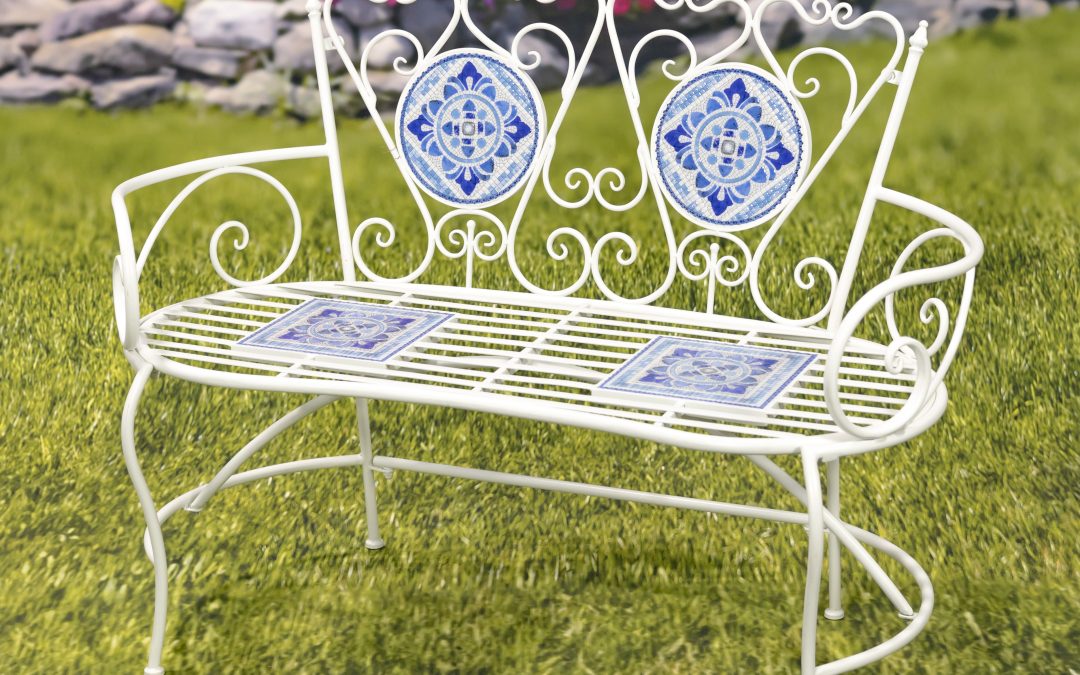“Cape May” Mosaic Tile Bench with Iron Frame – White & Blue