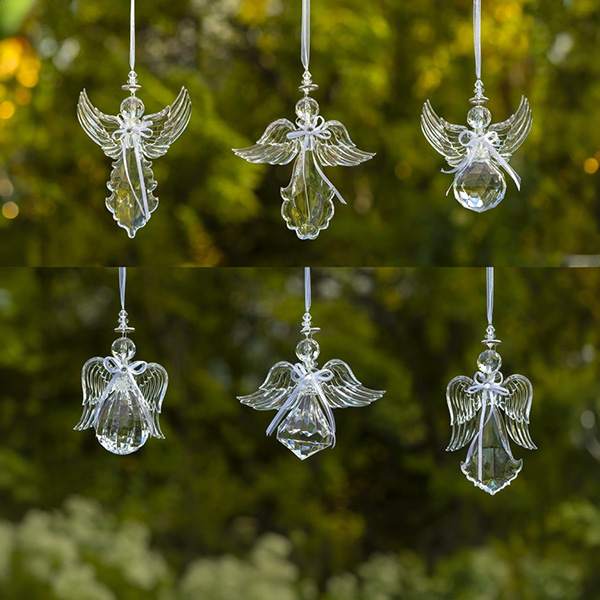 Set of 6 Assorted Style Hanging Clear Acrylic Angel Ornaments