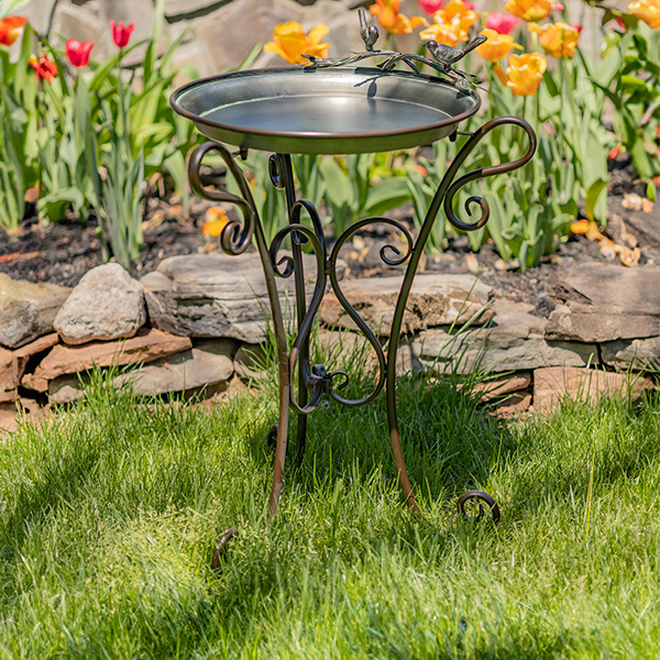 Shallow Birdbath Birdfeeder and Tray with Three Leg Stand