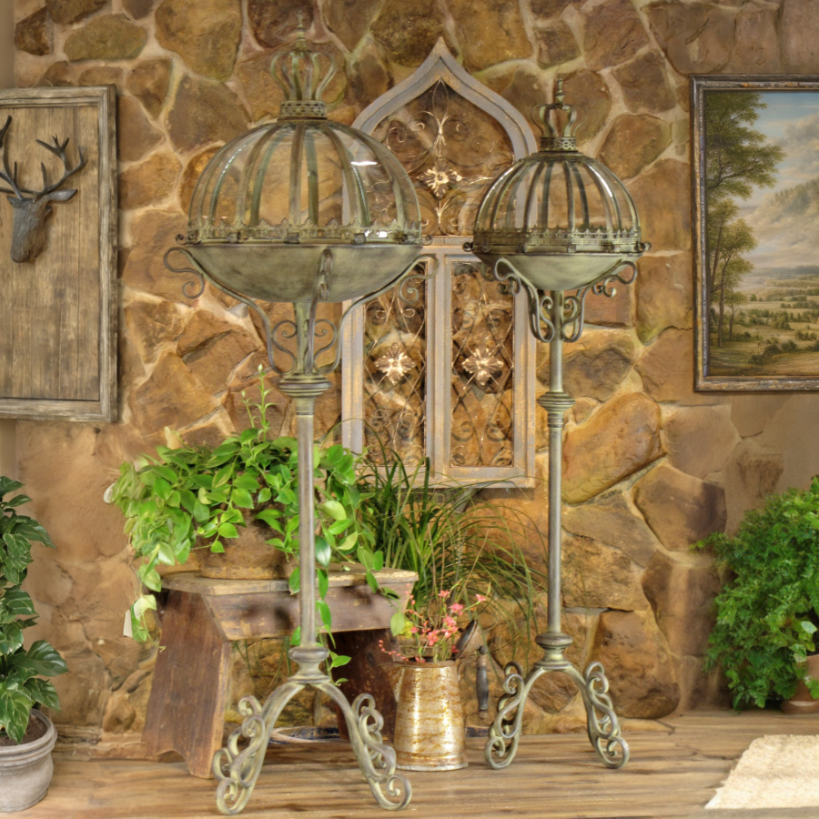 S/2 Gold Standing Iron & Glass Dome Lanterns/Terrariums "Domme 1437"