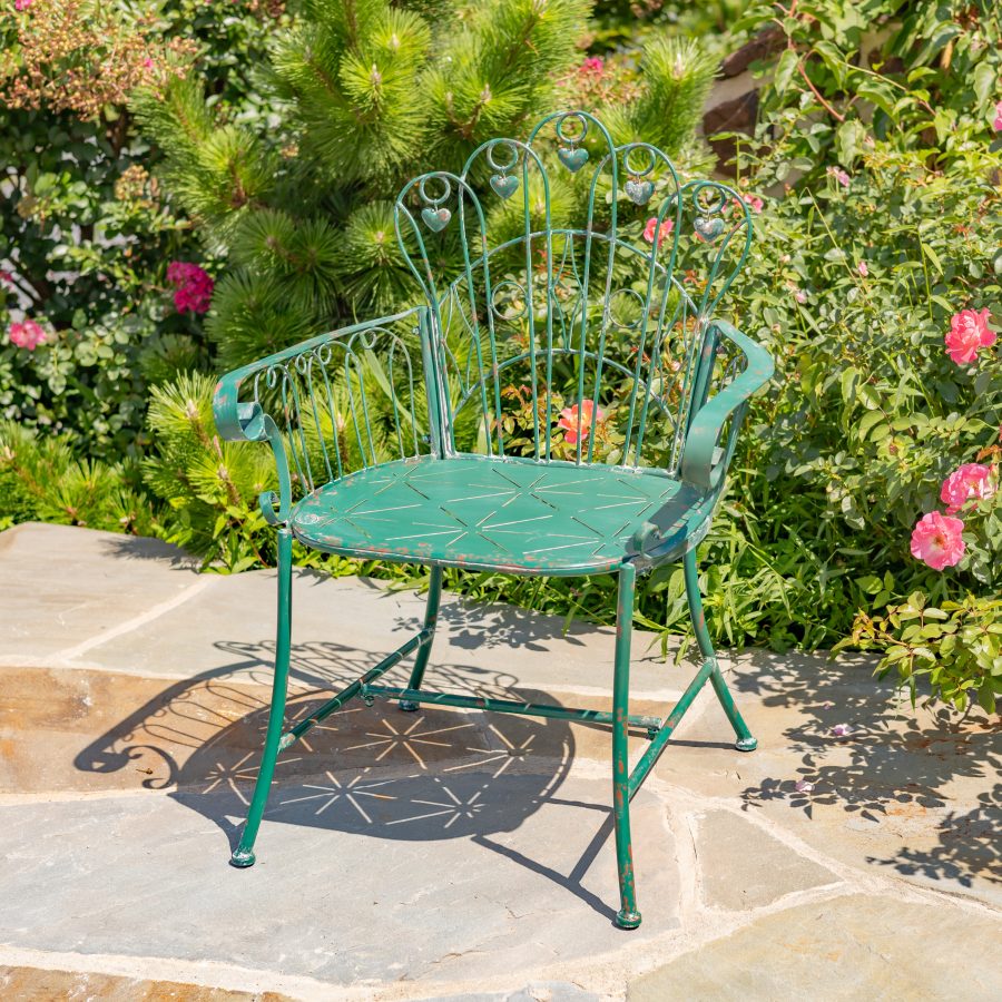 36.25" Tall Embellished Metal Garden Armchair in Antique Green "Toulouse 1275"