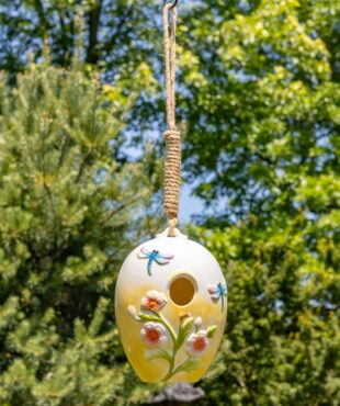 The Merryweather style features a pale yellow ombré base with hand painted blue dragonflies.