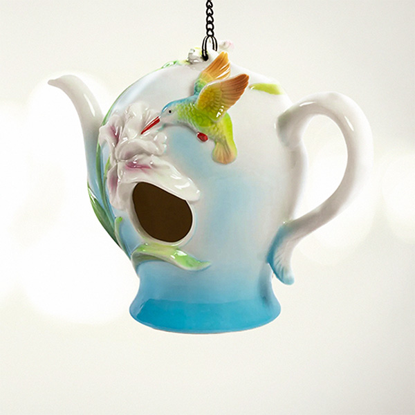 19.75In. Long Hanging Porcelain Teapot Birdhouse with Hummingbird Tiffany