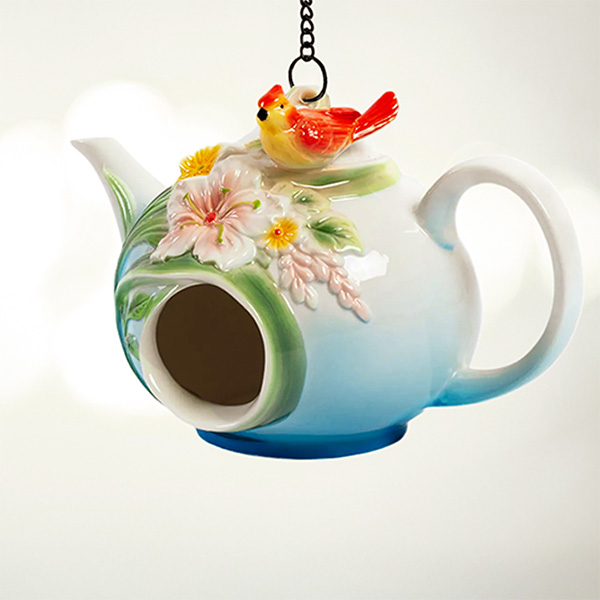 19.25In. Long Hanging Porcelain Teapot Birdhouse with Cardinal Rebecca
