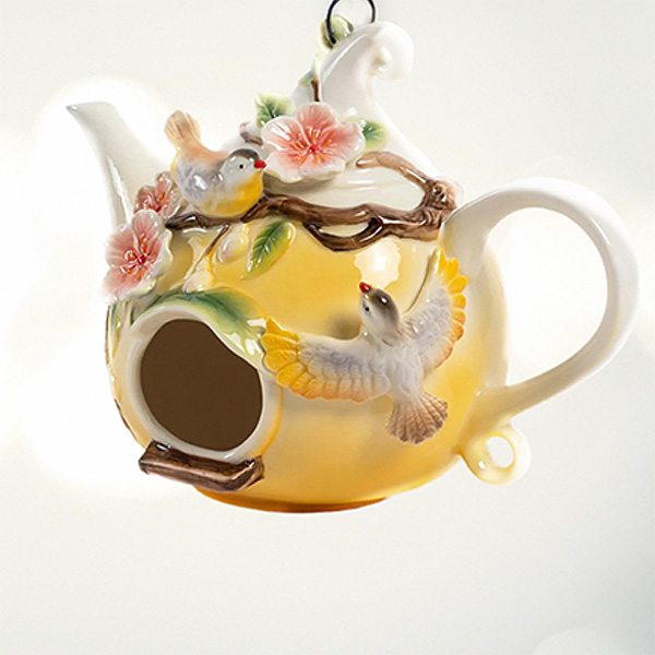 20In. Long Hanging Porcelain Teapot Birdhouse with 2 Blue & Yellow Birds Blythe