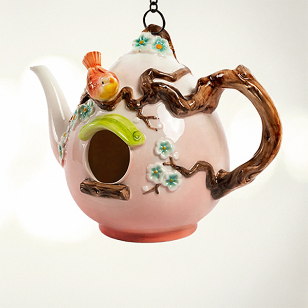 20In. Long Hanging Porcelain Teapot Birdhouse with Sparrow Spencer