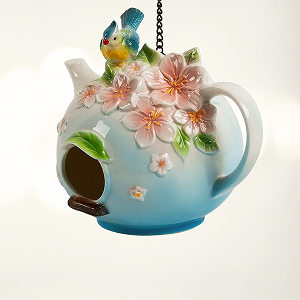 20.5In. Long Hanging Porcelain Teapot Birdhouse with Songbird Eileen