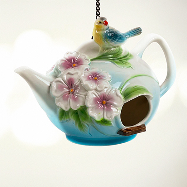 20.25In. Long Hanging Porcelain Teapot Birdhouse with Bluebird Blair