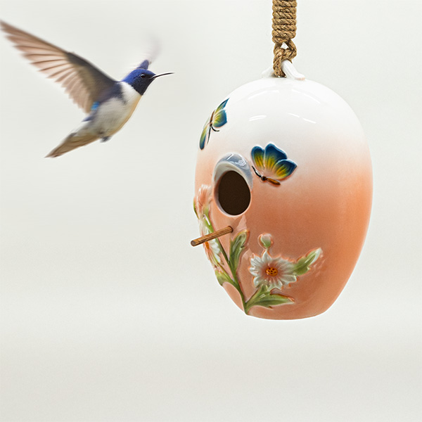 19in. Long Egg-Shaped Hanging Porcelain Birdhouse w/Butterflies Flora