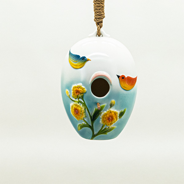 19in. Long Egg-Shaped Hanging Porcelain Birdhouse with Birds Fauna