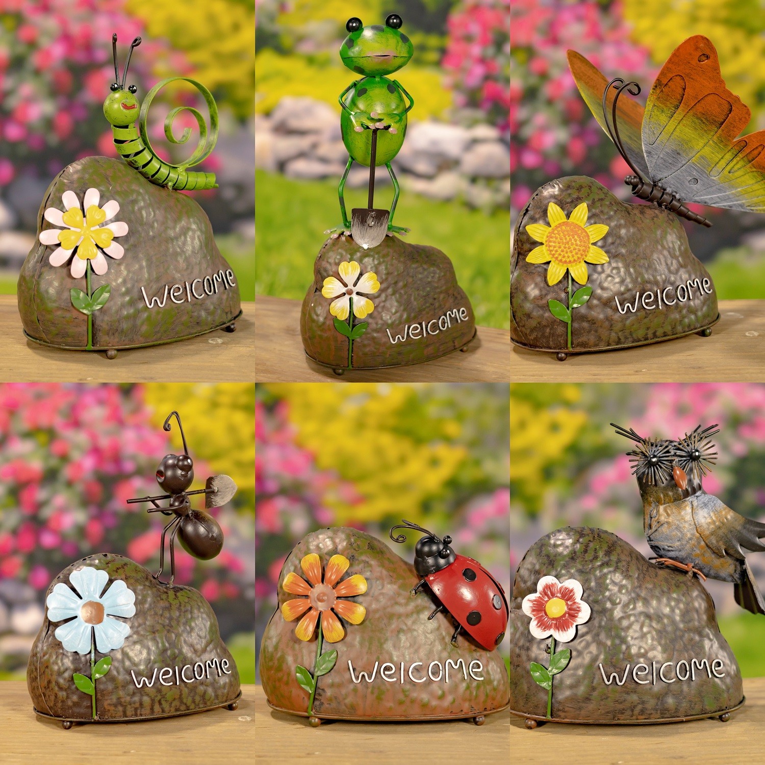 Set of 6 Metal Welcome Decorative Rock Accents with Assorted Animals ...