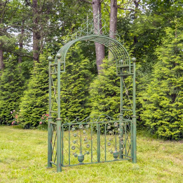 Iron garden gate in antique green with floral embellishments in green