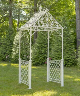 Iron garden gate with A shaped roof and cross line design in antique white finish