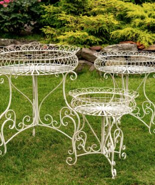 3 iron plant stands with baskets, all different sizes with an antique white finish