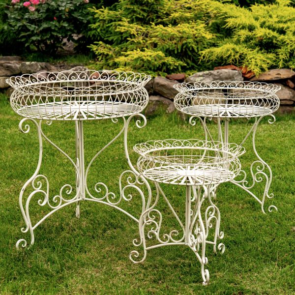 3 iron plant stands with baskets, all different sizes with an antique white finish