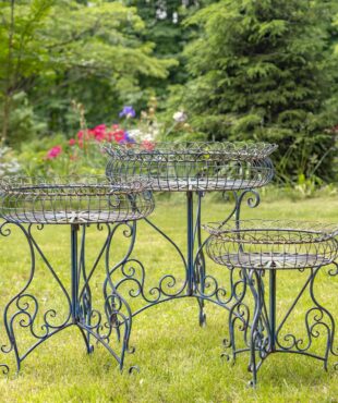 set of 3 iron plant stands with baskets and iron detail in a cobalt blue finish
