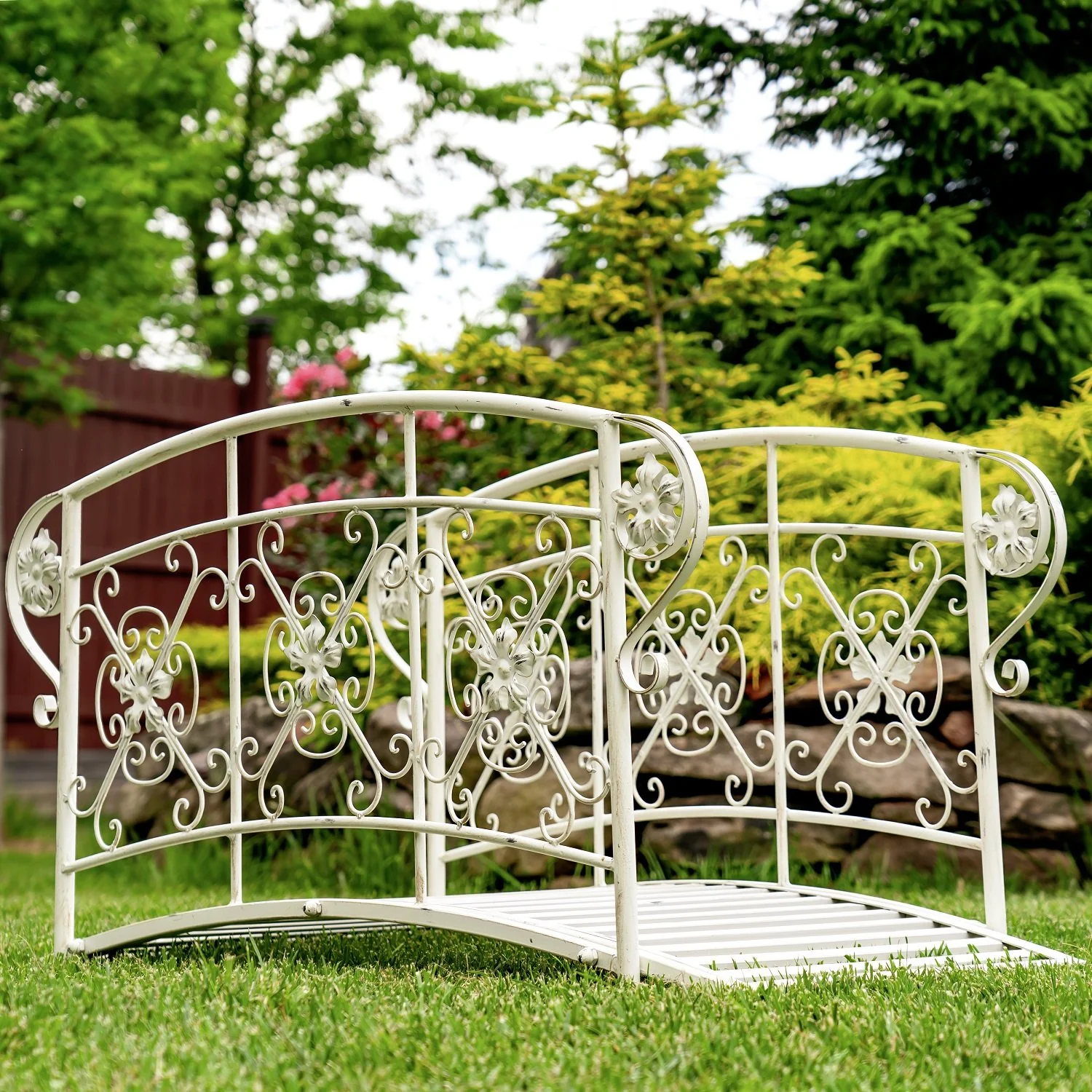 Iron bridge in antique white with embellished handle bars