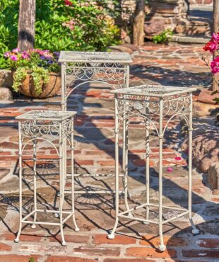 3 iron plant stands, all in different sizes in antique white finish with detail