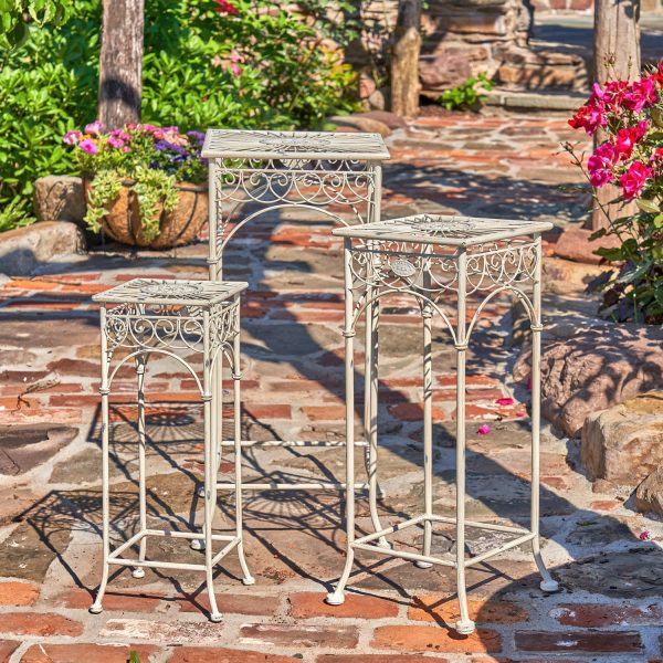 3 iron plant stands, all in different sizes in antique white finish with detail