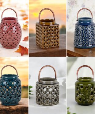 collage image displaying six assorted seven inch ceramic candle holders in various distressed, hand painted glossy finishes