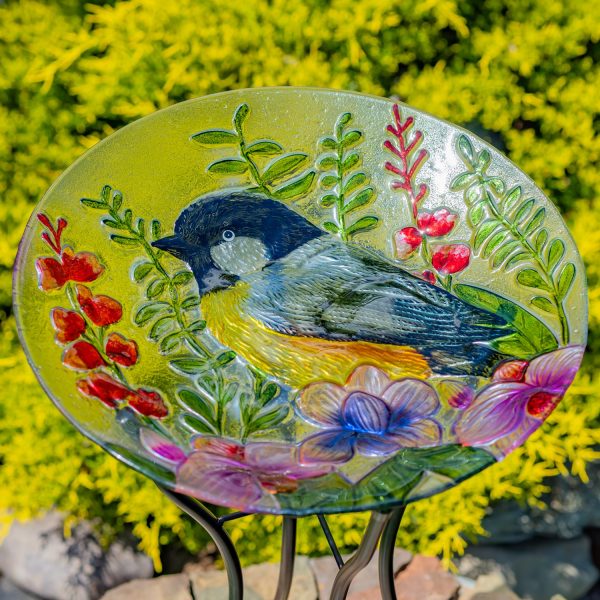 18" Glass Bowl Oriole Birdbath with Metal Stand "Baltimore"