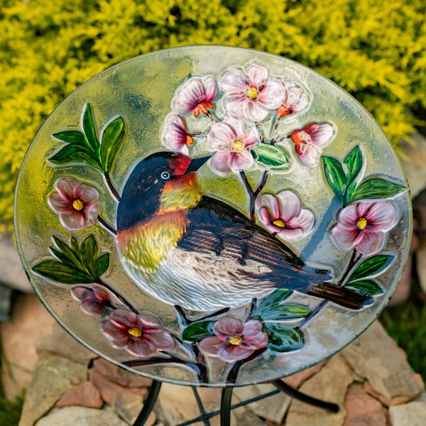 18" Glass Bowl Robin Birdbath with Metal Stand "Michigan"