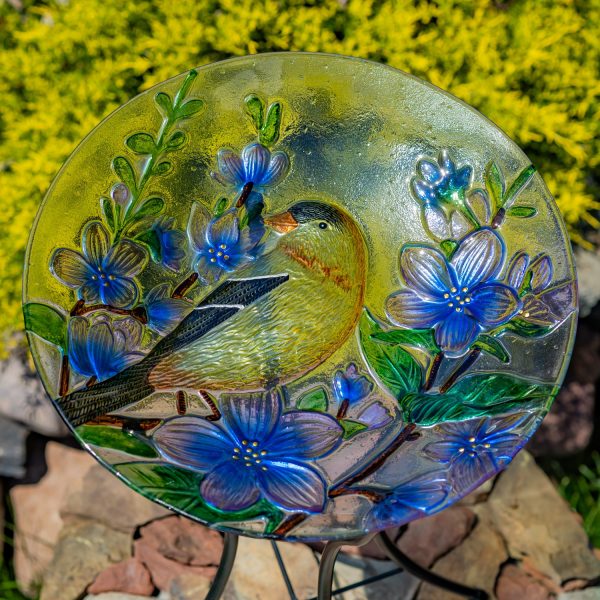 18" Glass Bowl Goldfinch Birdbath with Metal Stand "New Jersey"