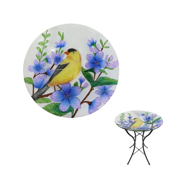 The New Jersey style features a gorgeous yellow goldfinch bird surrounded by lavender and blue flower blossoms.