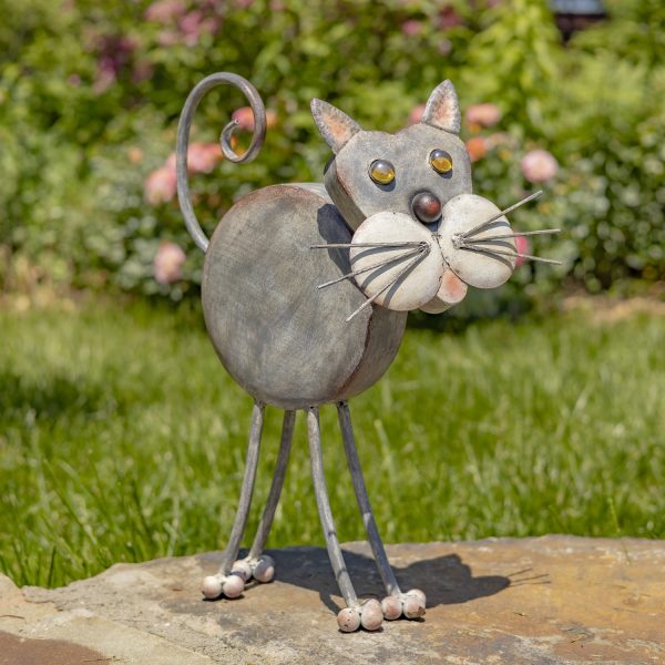 iron cat with a distressed, hand painted finish in a grey, each decoration has a spring loaded bobble-head