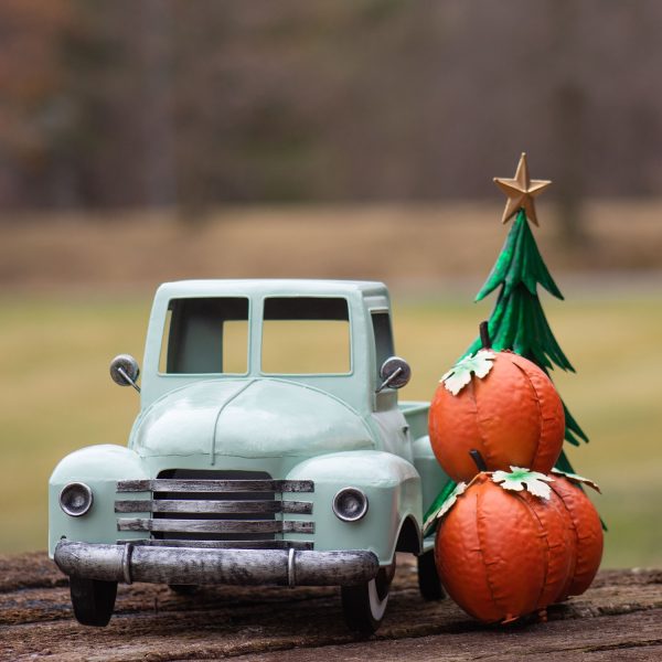It’s painted a soft, muted green with a smooth finish. The body has rounded fenders, a curved hood, and a flat truck bed in the back. The wheels are black with silver centers, and the windows are open spaces without glass. The overall style is vintage and charming, with simple, classic details.