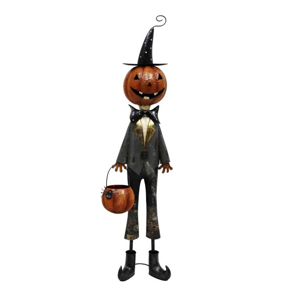 It is a tall Halloween decoration that looks like a happy pumpkin person. He wears a black hat and shiny clothes. He is holding a small pumpkin with a spider on it.