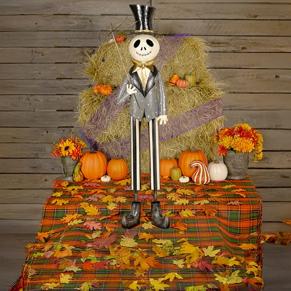 54.25in Tall Old School Dapper Skeleton Man with Spiderweb Umbrella Mr. Bones