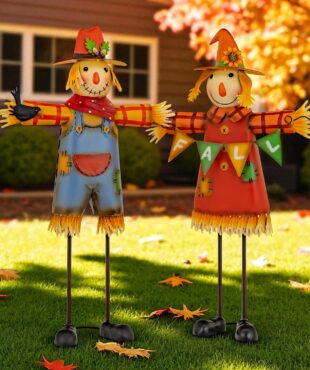 Mr. and Mrs. Scarecrow are hand finished, iron crafted figurines, freestanding with detailed faces and adornments. Standing around 2.5 feet tall