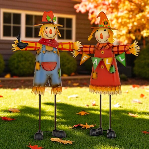 Mr. and Mrs. Scarecrow are hand finished, iron crafted figurines, freestanding with detailed faces and adornments. Standing around 2.5 feet tall