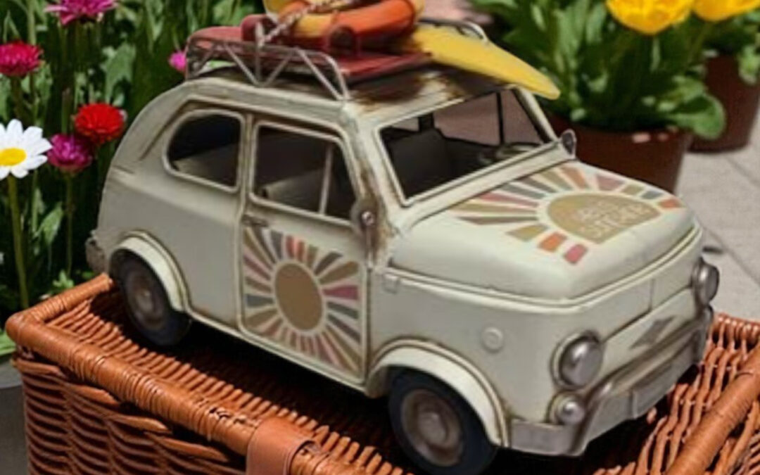 Retro Tabletop Beach Car with Surfboard on Roof