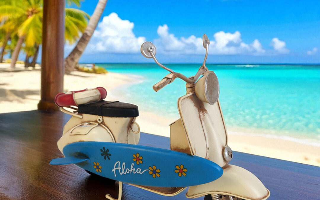 Vintage Style Beach Moped with Surfboard Accent