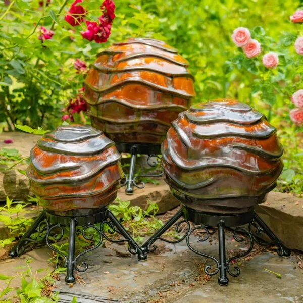 Set of 3 Assorted Ceramic Wavy Globe Gazing Balls with Stands "Florence"