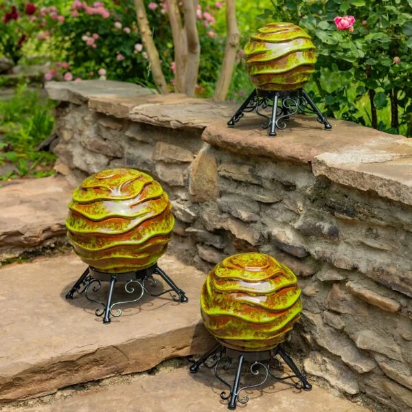 Set of 3 Assorted Ceramic Wavy Globe Gazing Balls with Stands "Prague"