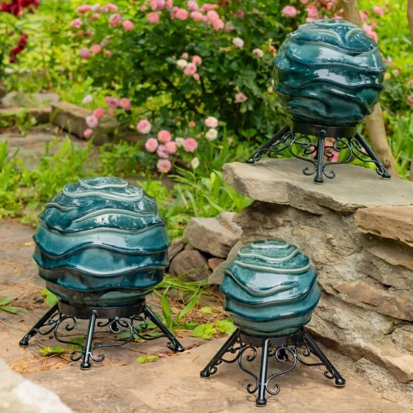Set of 3 Assorted Ceramic Wavy Globe Gazing Balls with Stands "Athens"