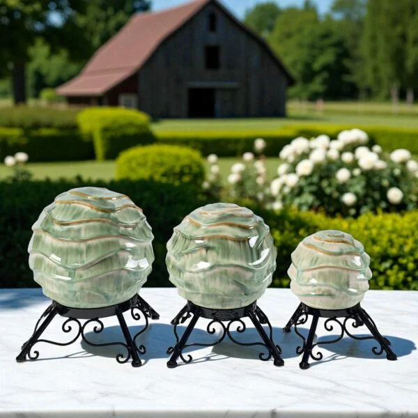 Set of 3 Assorted Ceramic Wavy Globe Gazing Balls with Stands "Lisbon"