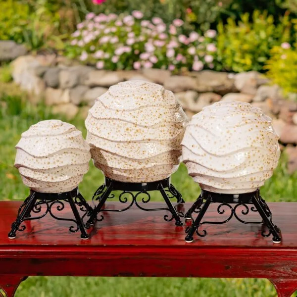 Set of 3 Assorted Ceramic Wavy Globe Gazing Balls with Stands "Aspen"