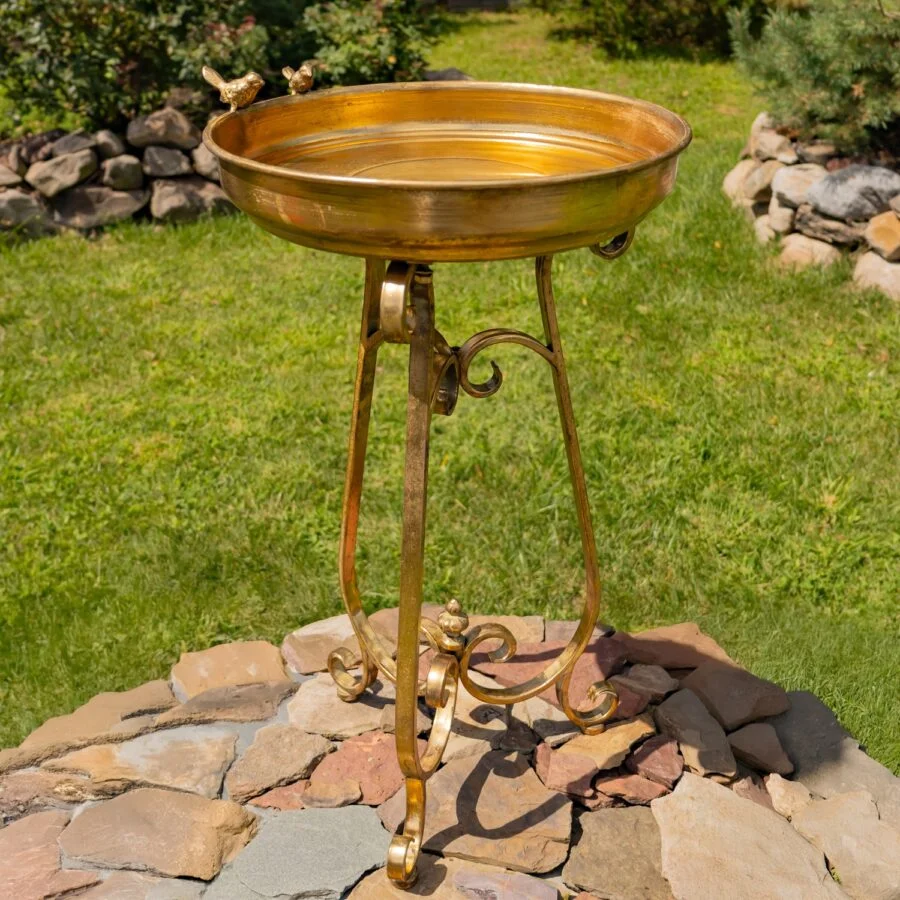 31.3" Tall Gold Birdbath-Feeder with Tri-Stand