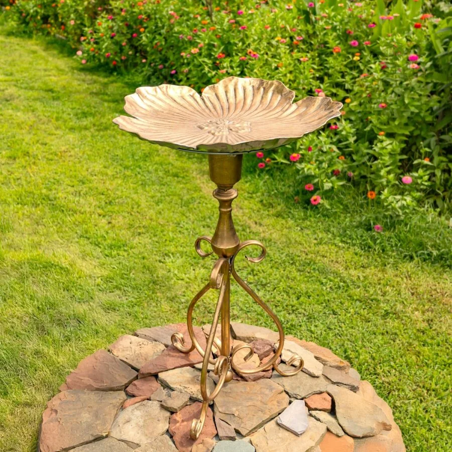 30.3" Tall Gold Birdbath-Feeder with Ornate Stand