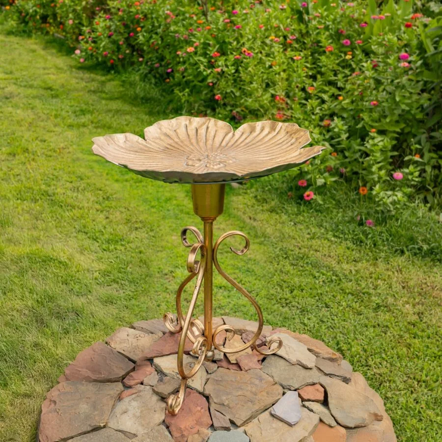 24.2" Tall Gold Flower-Shaped Metal Birdbath-Feeder - Image 3