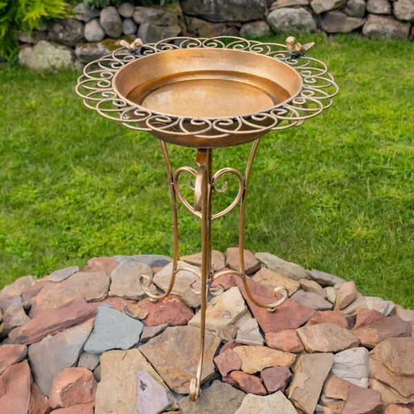 26.6" Tall Gold Birdbath-Feeder with Decorative Trim